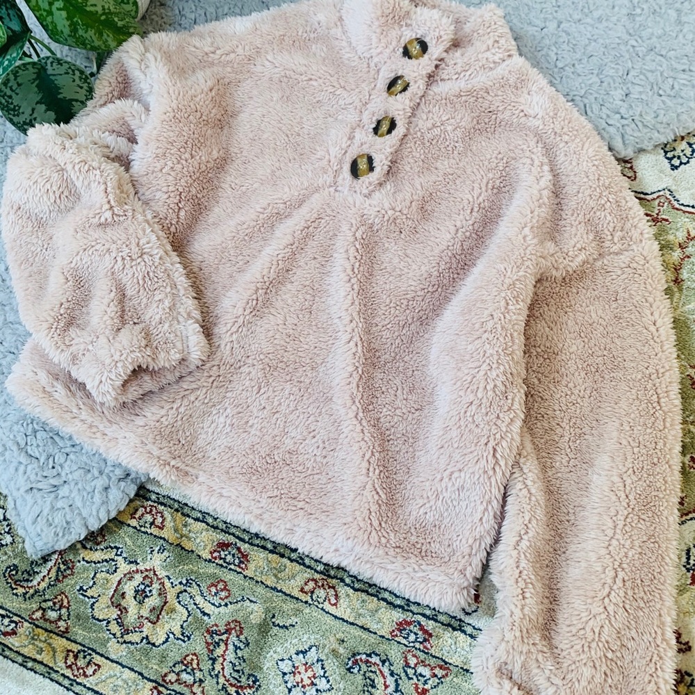 COZY Cream Shearling Button Up Pullover Sweatshirt